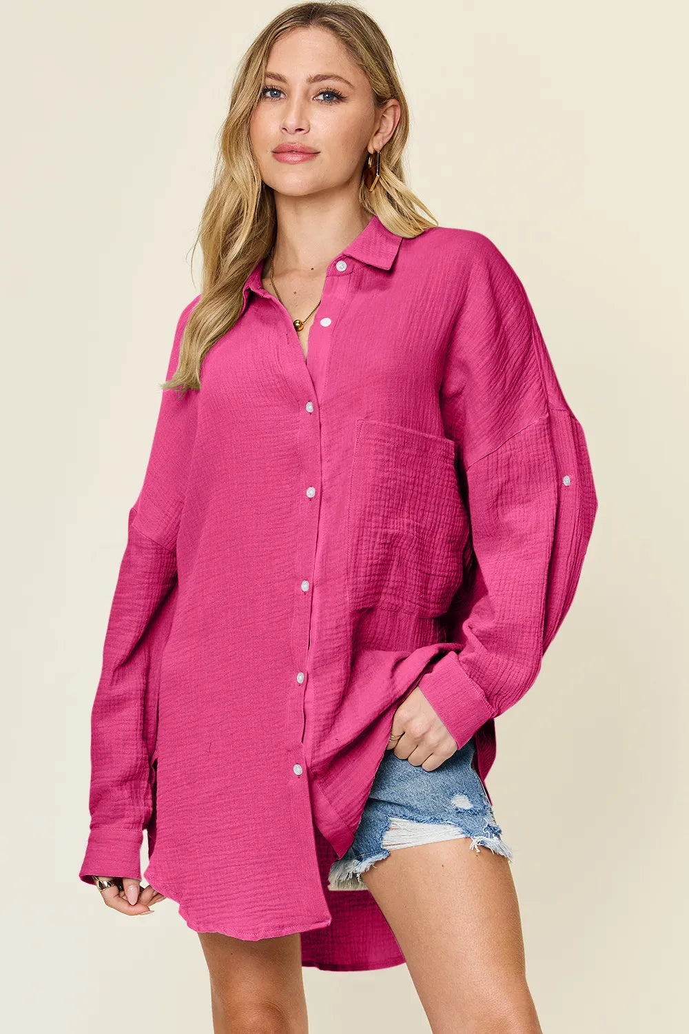 Double Take Full Size Pocketed Texture Button Up Shirt Hot Pink