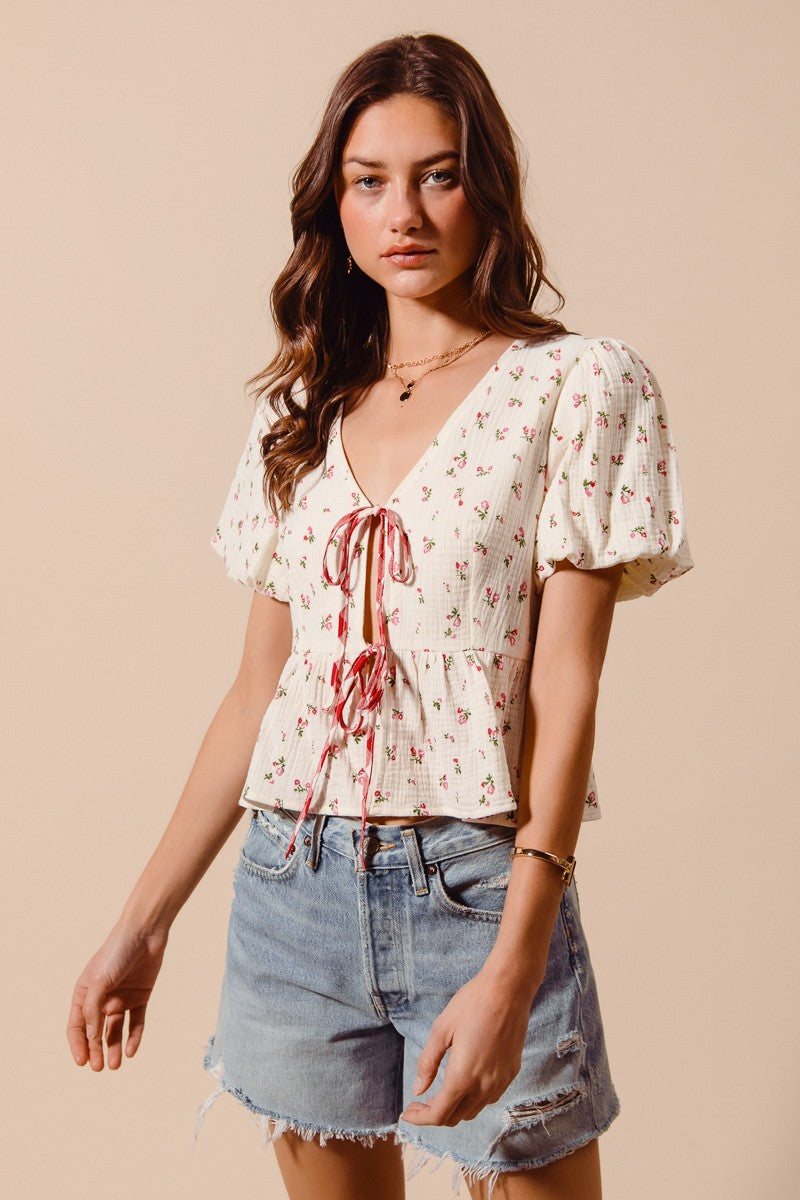 SO ME Ditsy Floral Print Gauze Tie-Front Blouse