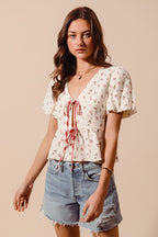 SO ME Ditsy Floral Print Gauze Tie-Front Blouse