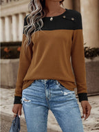 Contrast Buttoned Round Neck Long Sleeve T-Shirt Caramel