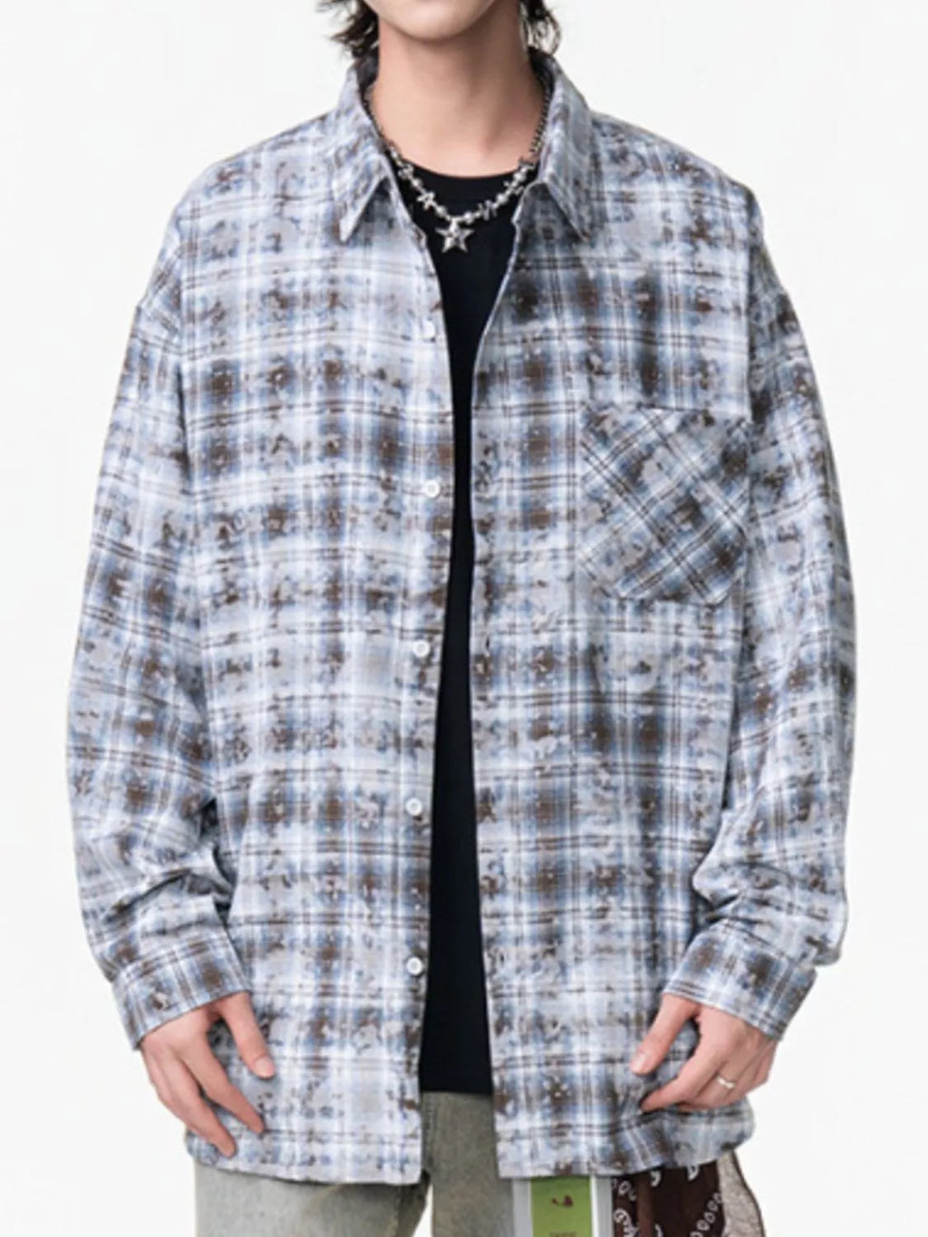 Men's Plus Size Plaid Button Up Long Sleeve Shirt Black