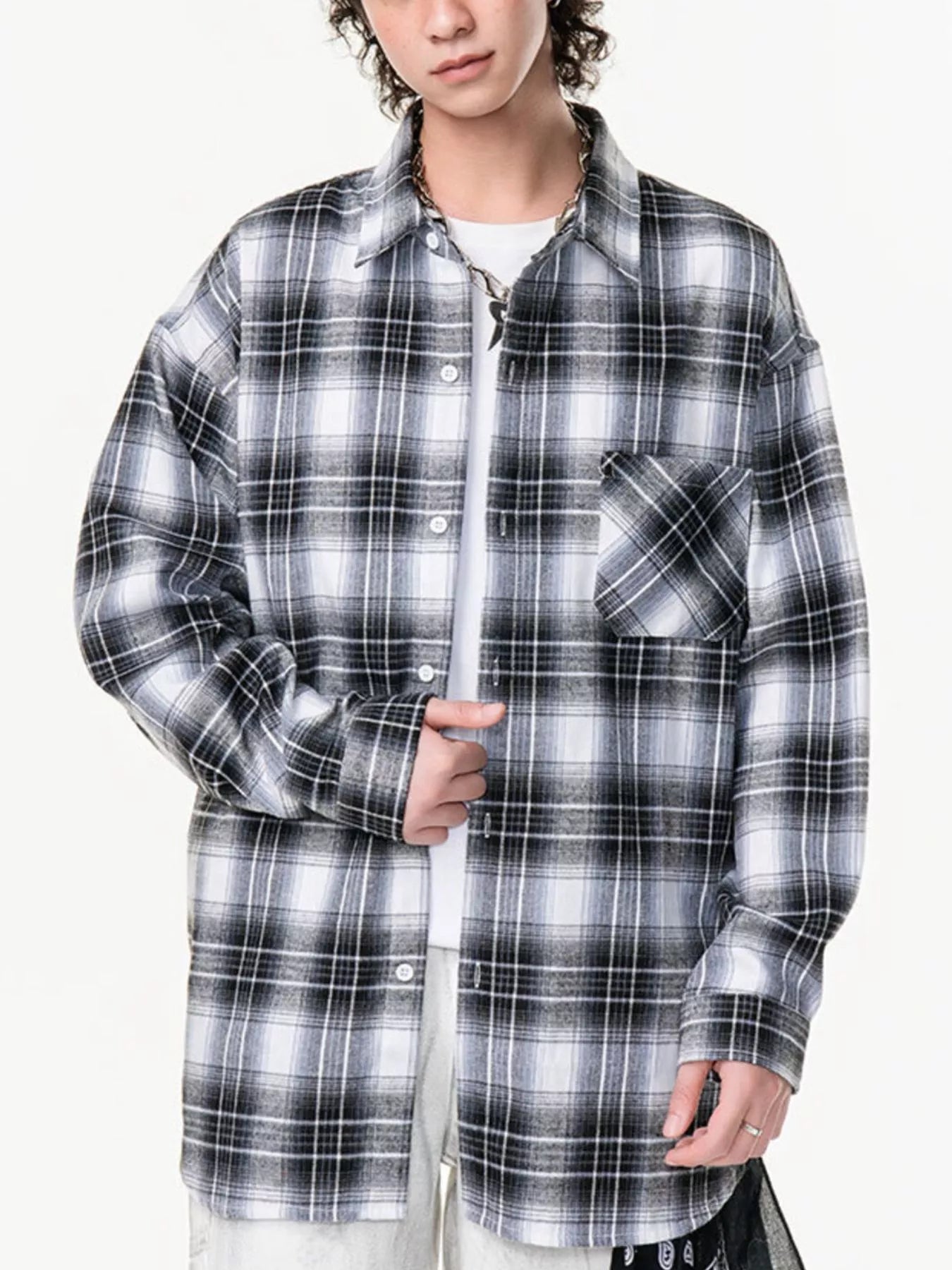 Men's Oversized Plaid Button Up Shirt Black