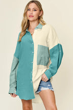 Double Take Full Size Pocketed Texture Button Up Shirt Teal