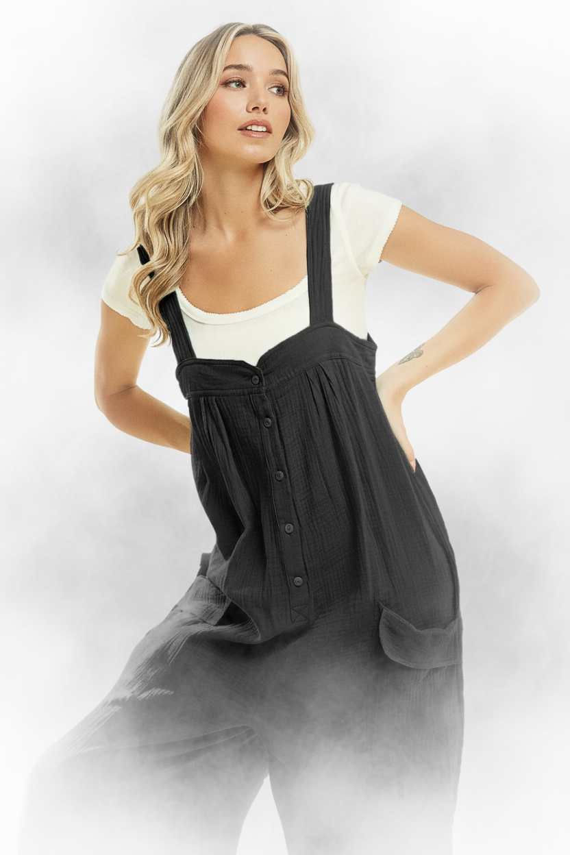 BiBi Gauze Buttoned Up Overall Jumpsuit with Pockets