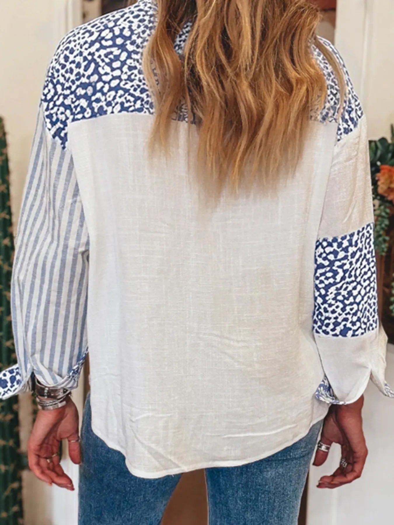 Striped Patchwork Button Down Shirt with Leopard Print Details