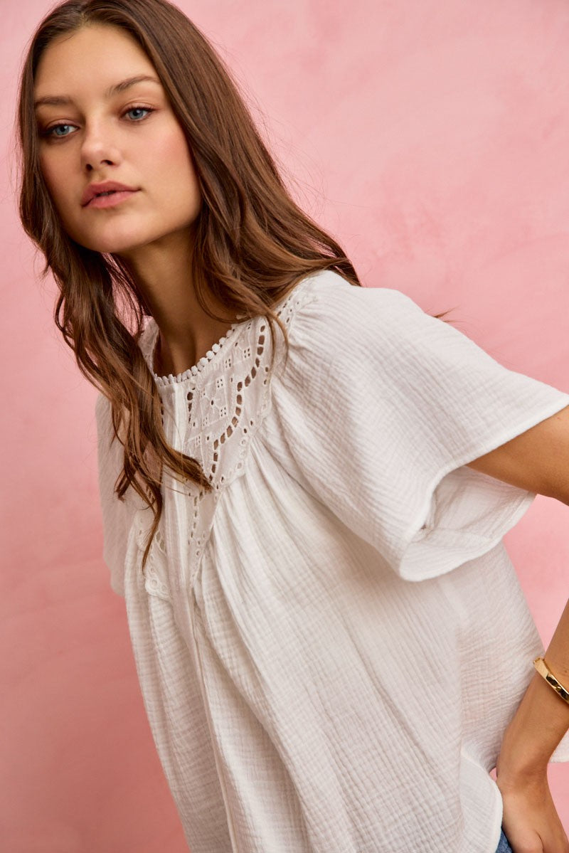 SO ME Cotton Gauze Lace Trim Flutter Sleeves Blouse Top