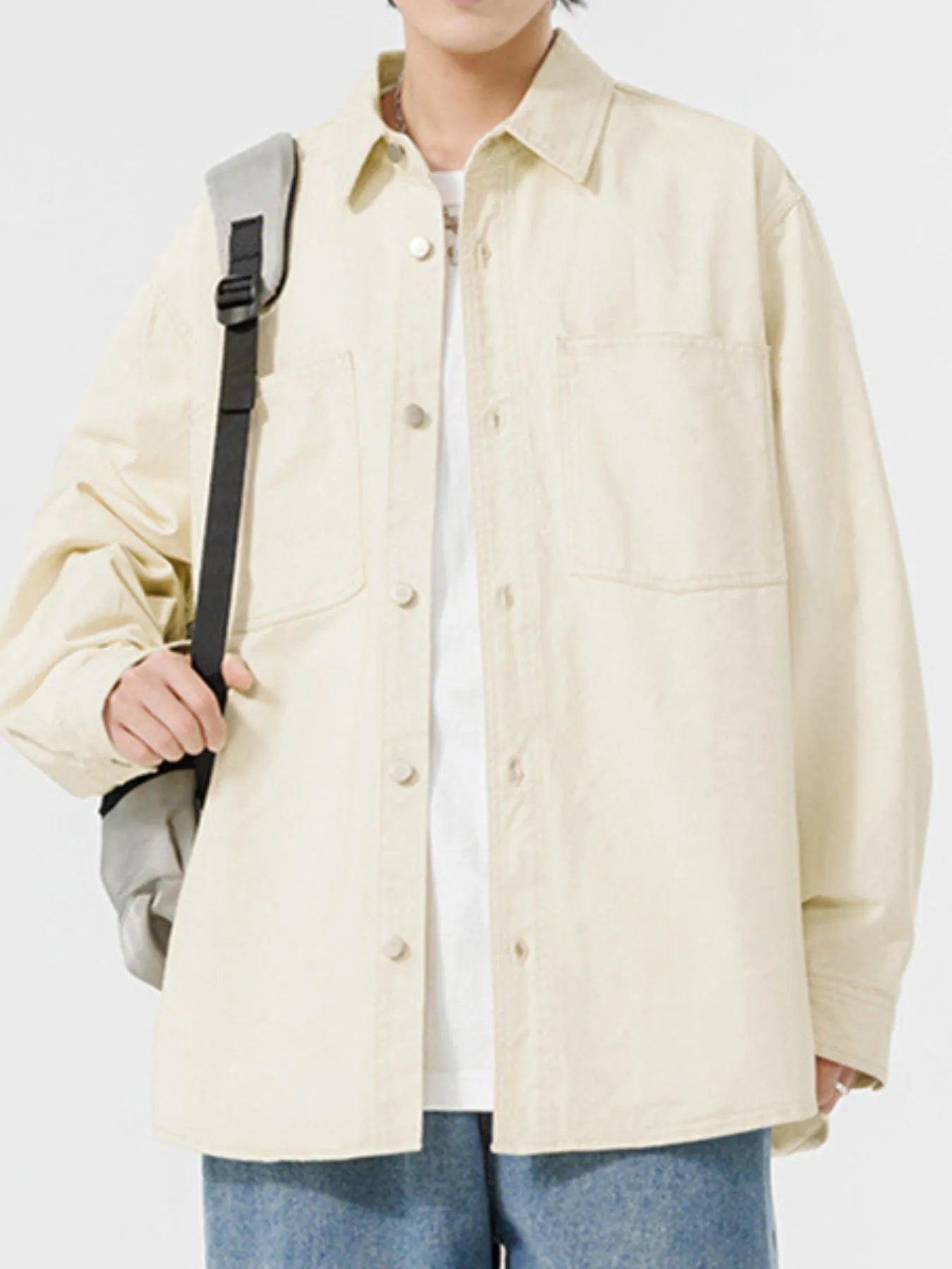 Men's Button Up Long Sleeve Shirt Rice White