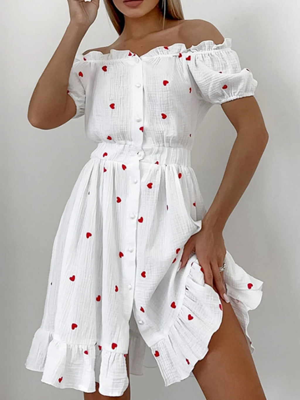 Heart Printed Off-Shoulder Ruffle Mini Dress Printing