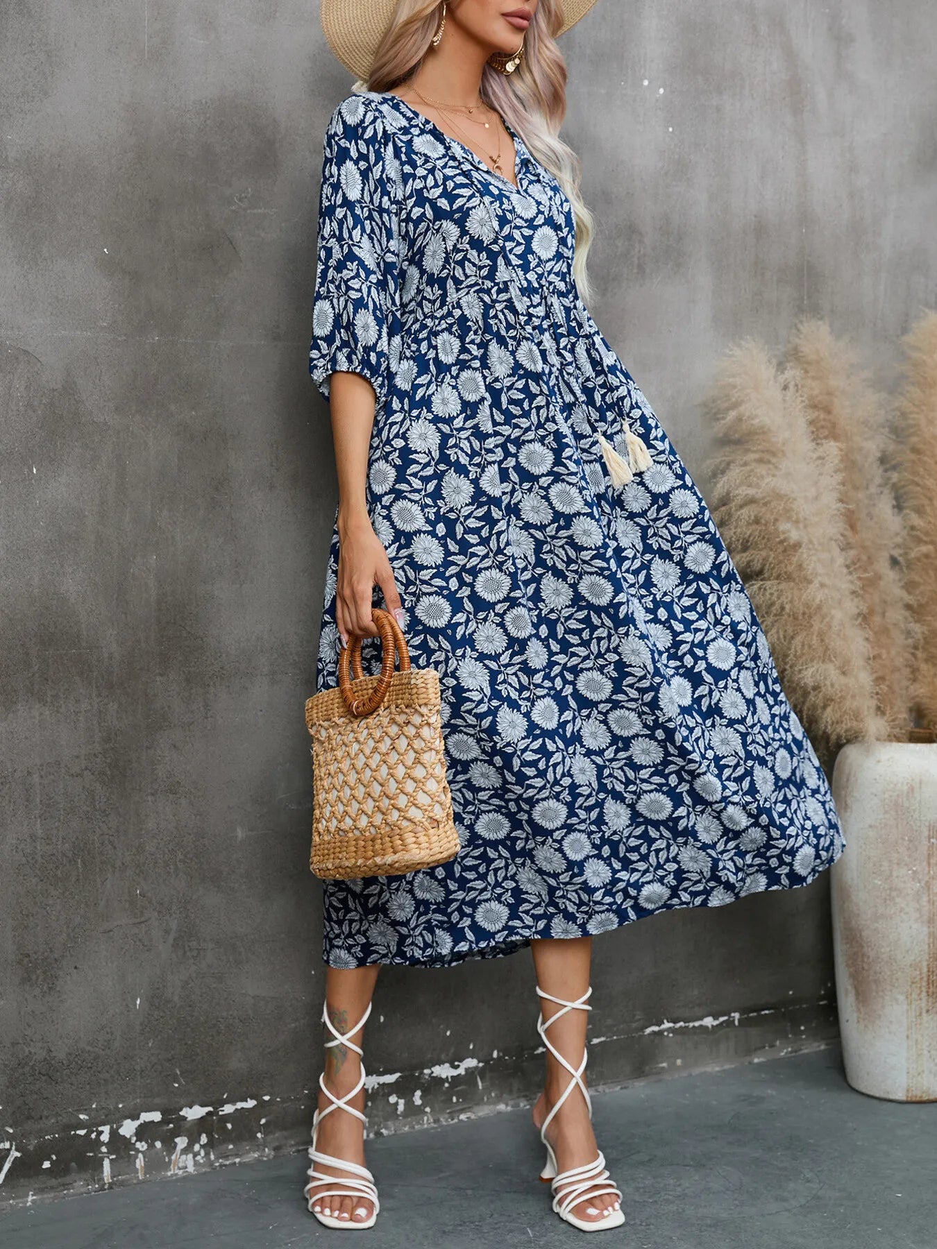 Printed Tie Neck Midi Dress