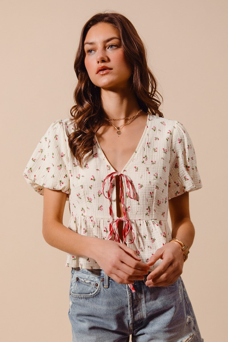 SO ME Ditsy Floral Print Gauze Tie-Front Blouse