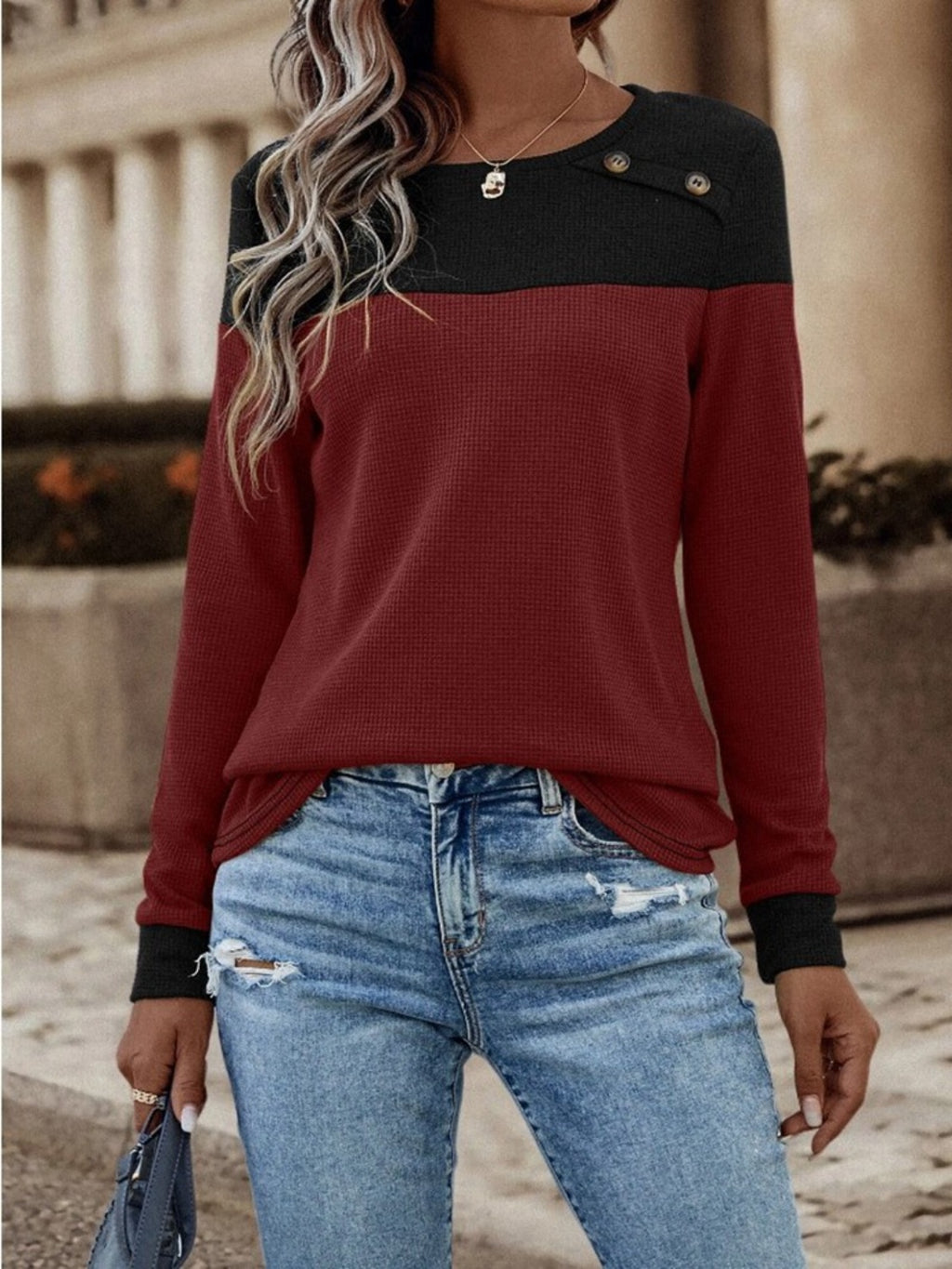 Contrast Buttoned Round Neck Long Sleeve T-Shirt Wine