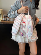 Striped Star Bunny Ear Backpack Bag Pink One Size