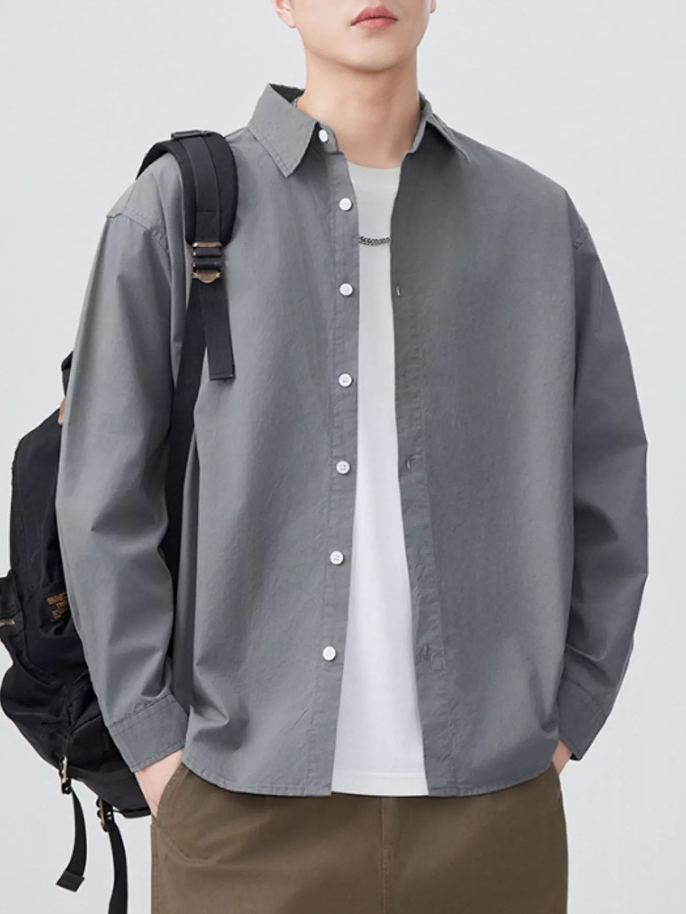 Men's Plus Size Button Up Long Sleeve Shirt Grey