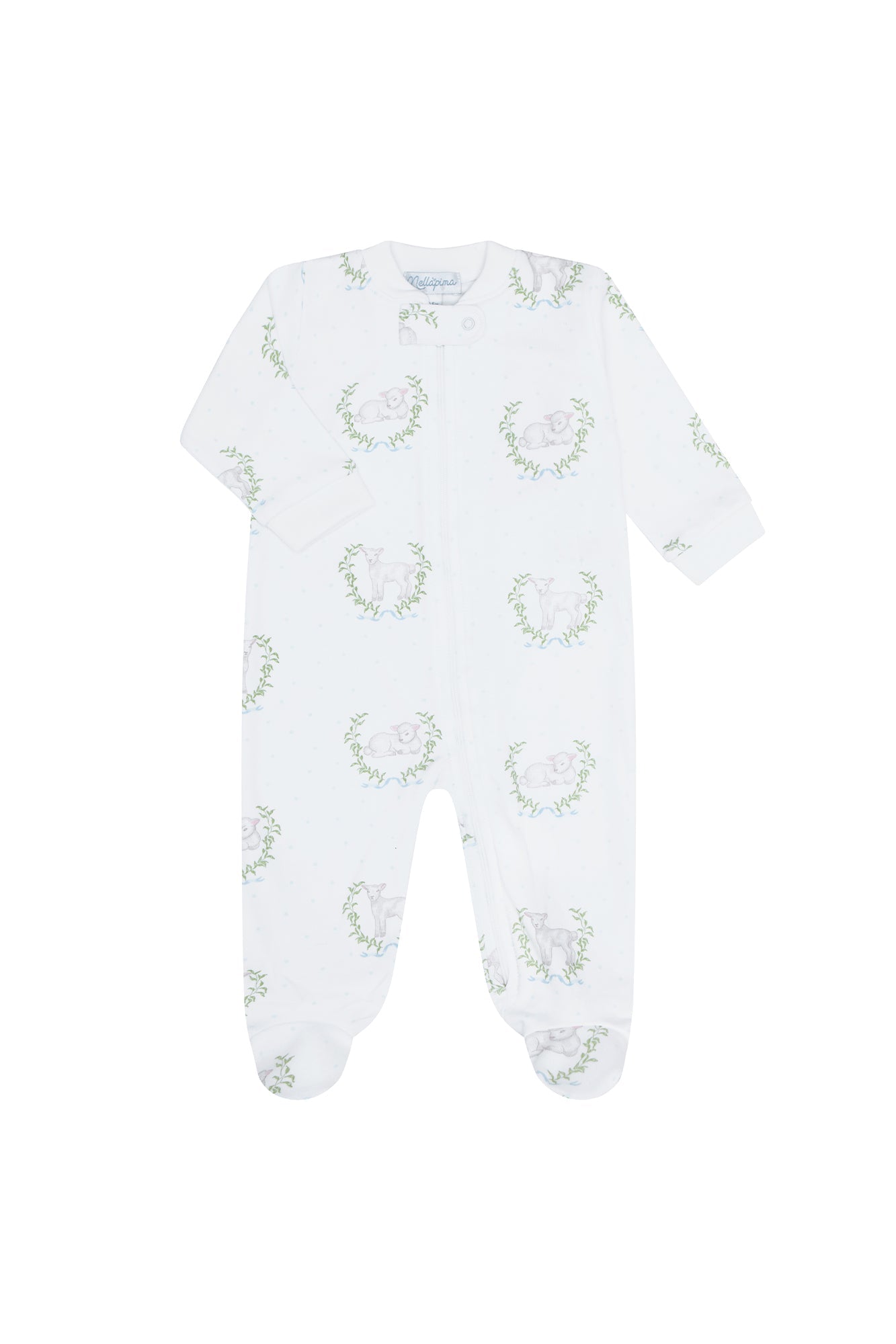 Blue Lamb Print Zipper Footie Blue