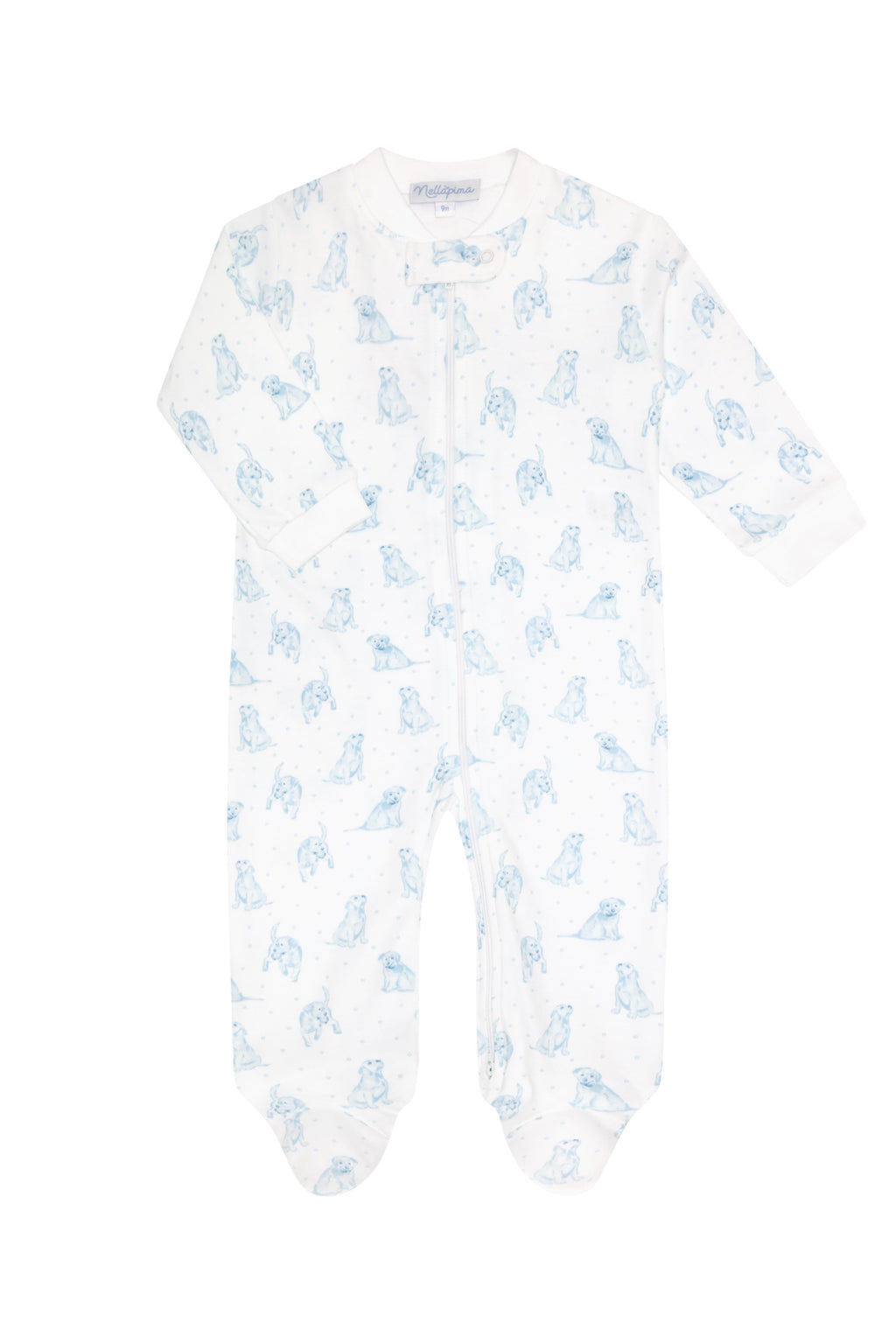 Blue Puppy Love Print Zipper Footie Blue
