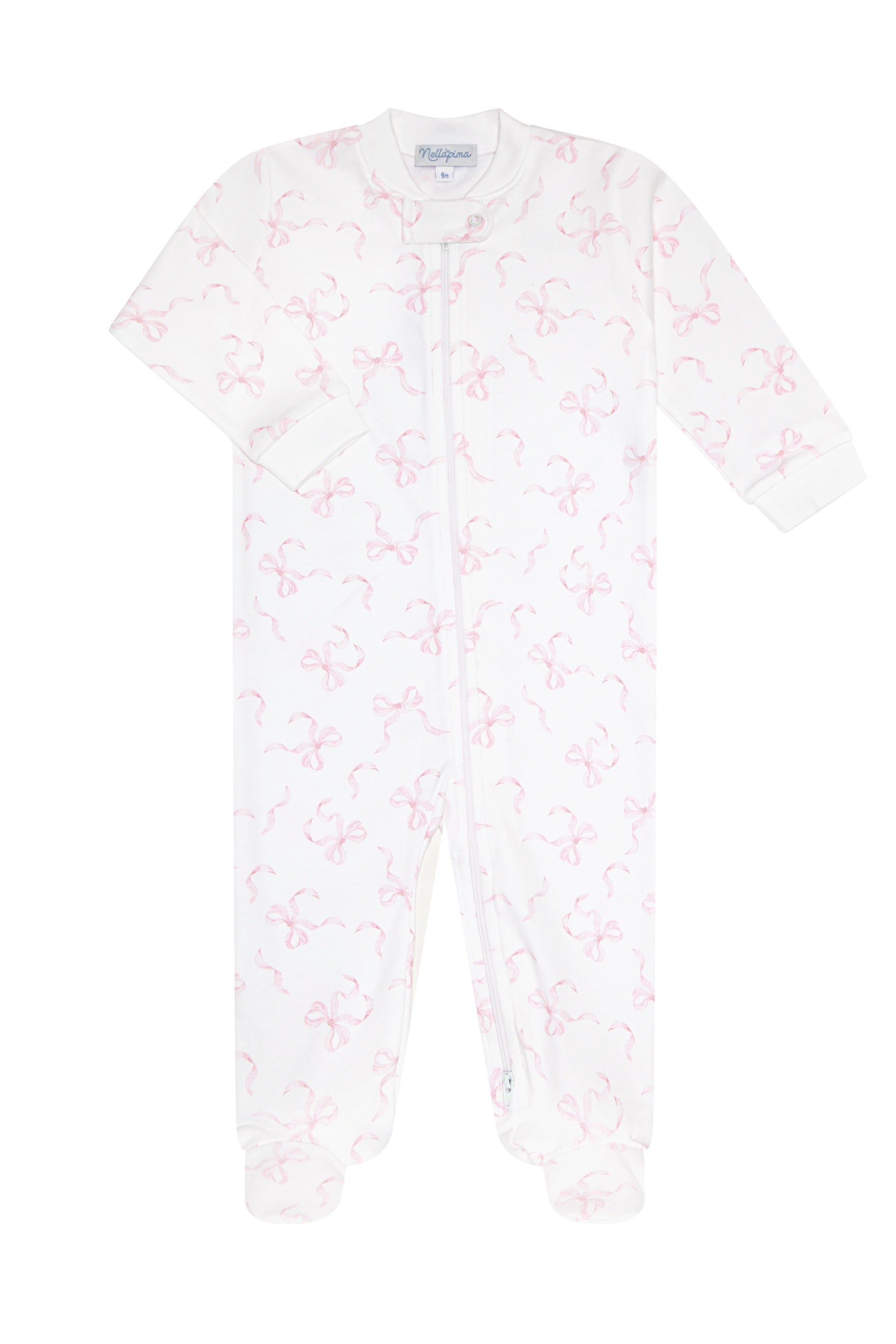 Charming Bows Print Zipper Footie Pink