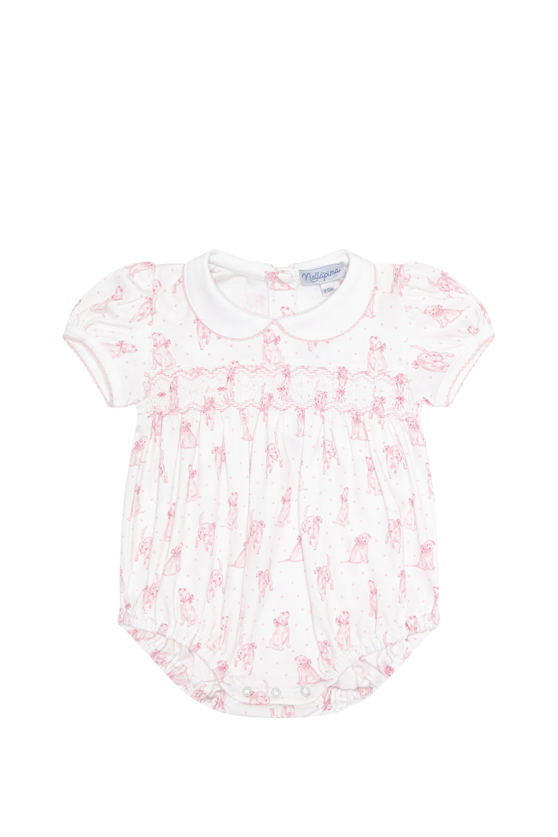 Pink Puppy Love Print Smocked Bubble Pink