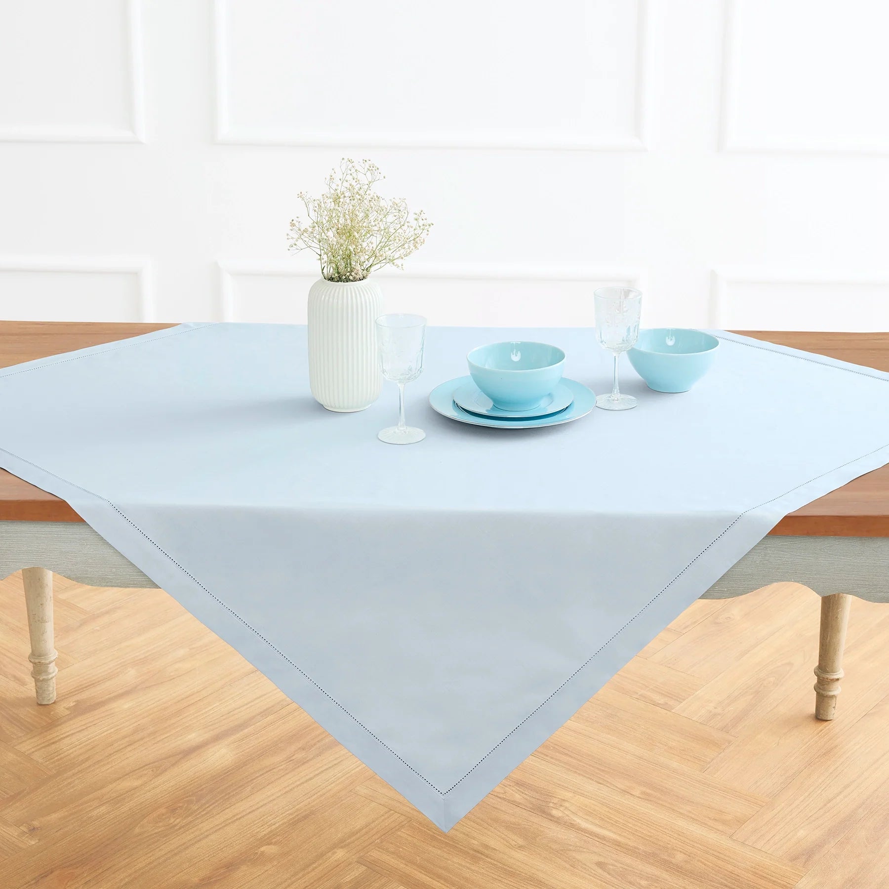 Cotton Linen Hemstitch Table Throw Light Blue 52 x 52 Inch