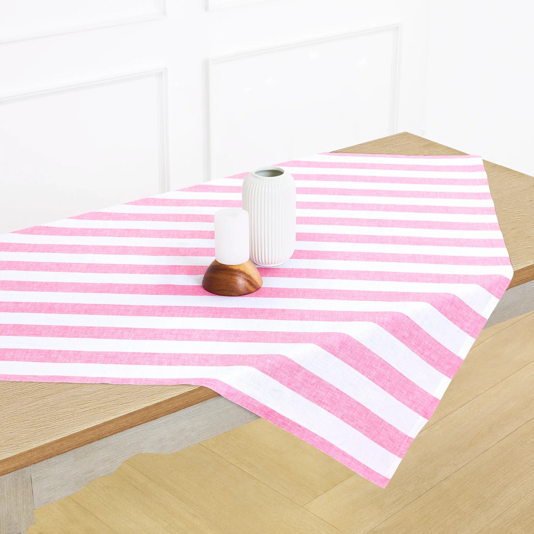 Cabana Stripe Table Throw Pink & White 52 x 52 Inch