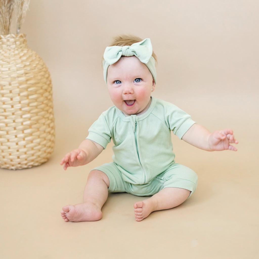 Solid Ribbed Bamboo Shorty Romper - more colors Kiwi