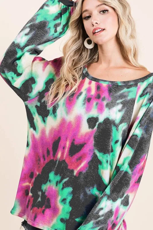 BiBi Tie Dye Print Terry Top with Puff Sleeves FUCHSIA CHARCOAL