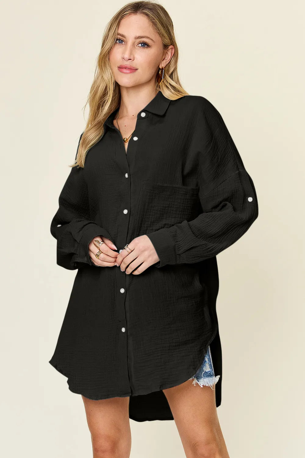 Double Take Full Size Pocketed Texture Button Up Shirt Black