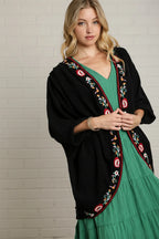 Umgee Embroidery Open Front Kimono with Pleated Shoulder Detail