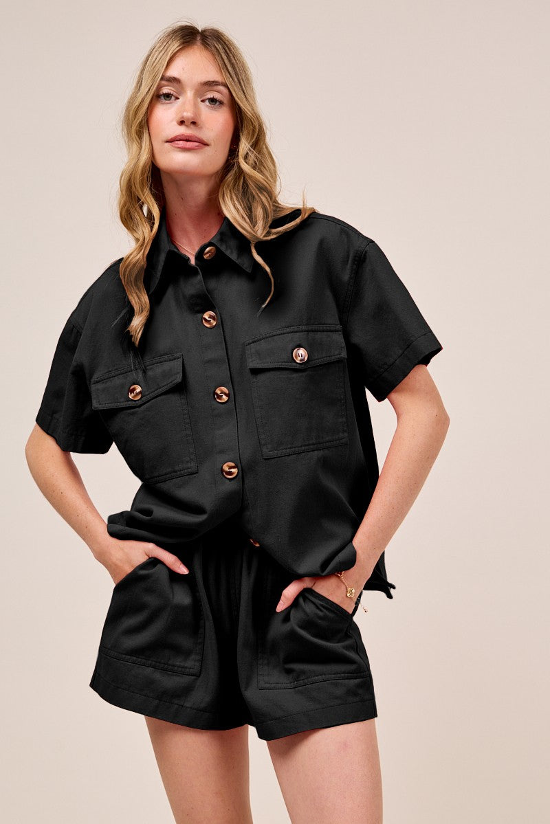SO ME Button Down Denim Game Day Top and Shorts Set BLACK