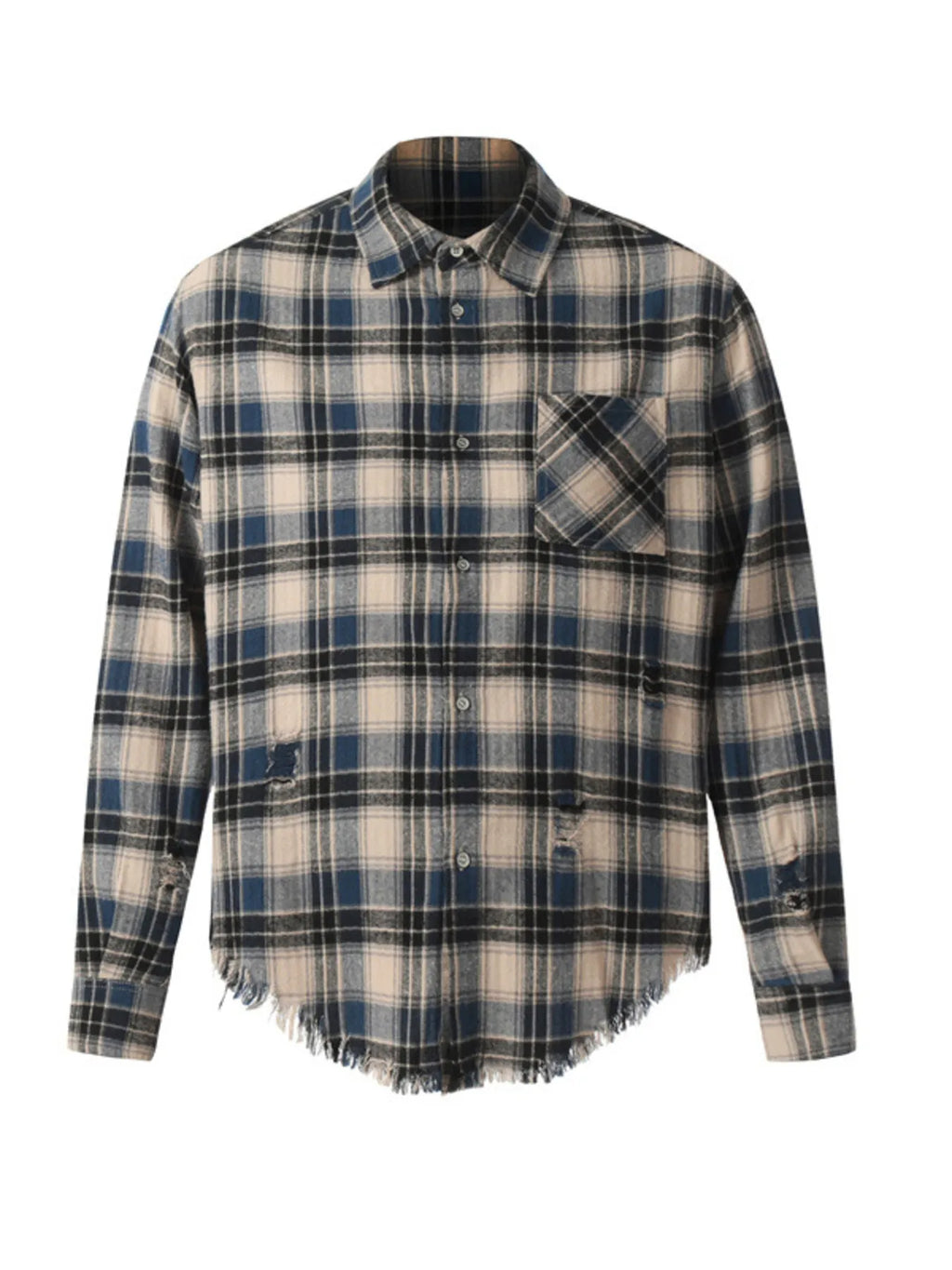 Men's Plaid Long Sleeve Shirt with Raw Hem Plaid Shirt Blue