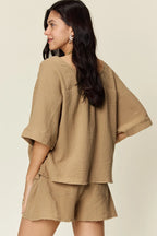 Double Take Texture Half Sleeve T-Shirt and Drawstring Shorts Set Khaki
