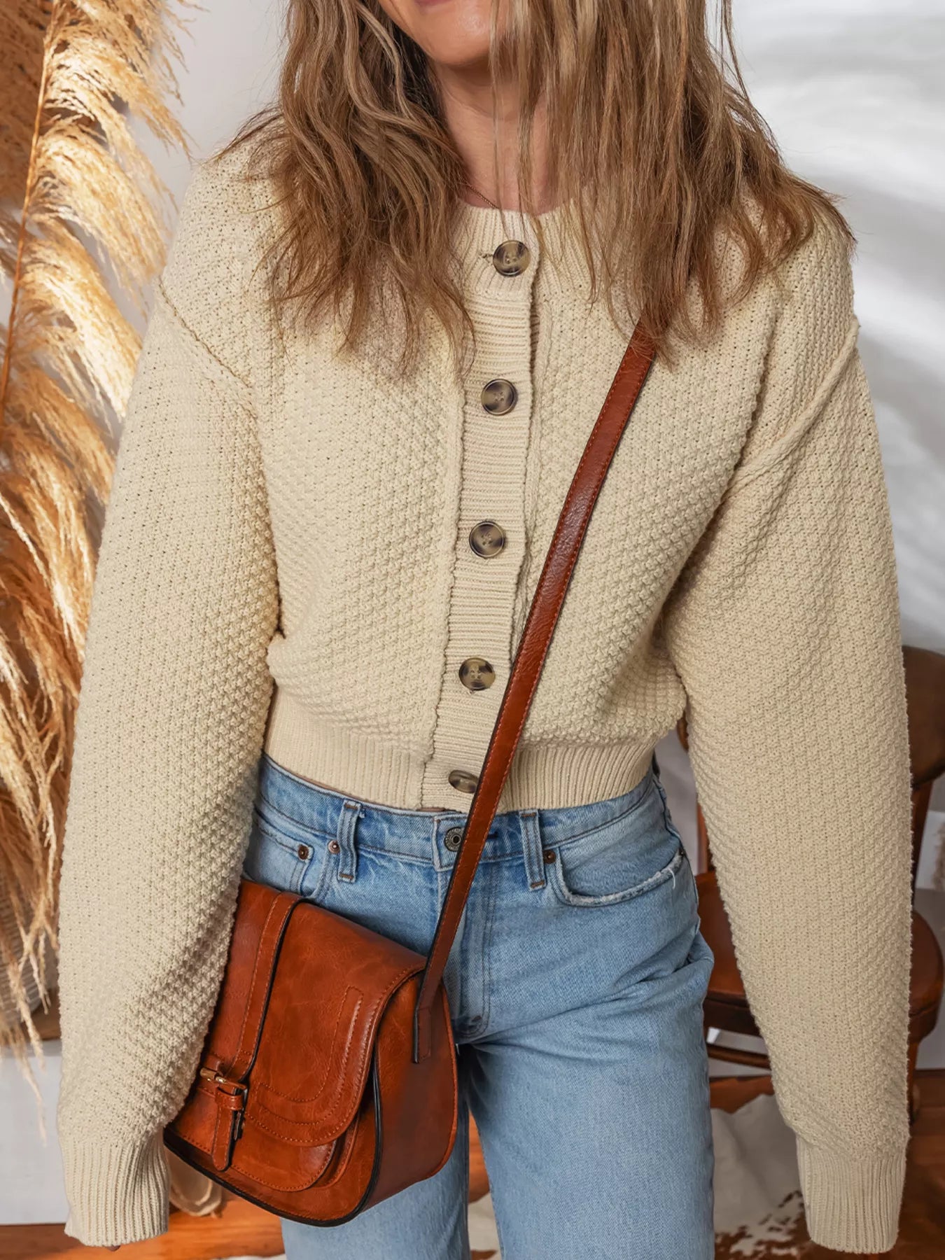 Button Front Cropped Cardigan Beige