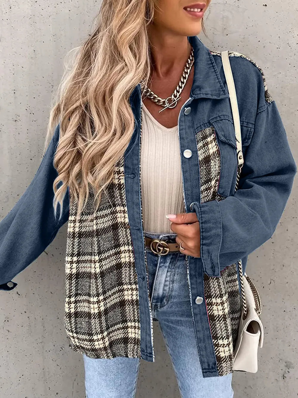 Plaid Button Up Dropped Shoulder Jacket Dusty Blue
