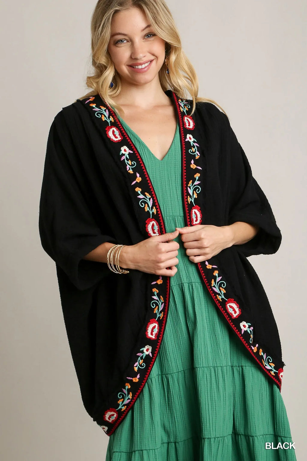 Umgee Embroidery Open Front Kimono with Pleated Shoulder Detail