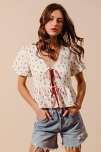 SO ME Ditsy Floral Print Gauze Tie-Front Blouse