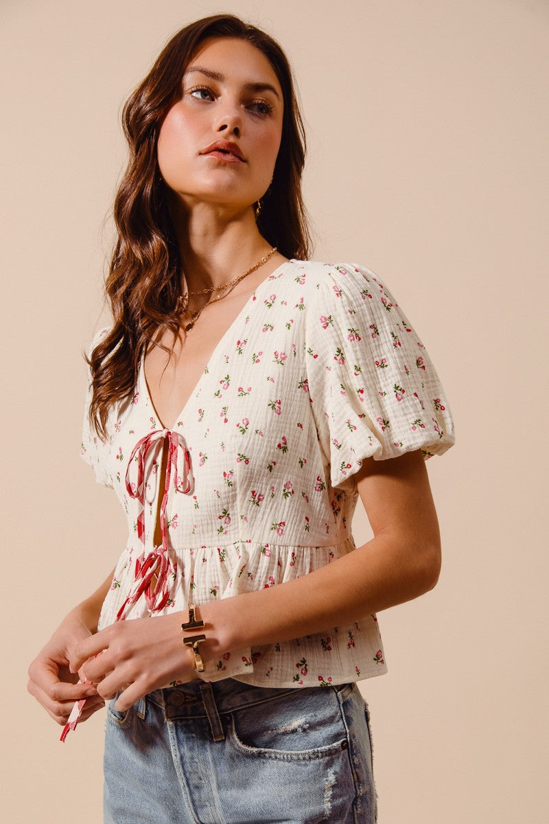 SO ME Ditsy Floral Print Gauze Tie-Front Blouse