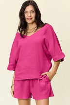 Double Take Texture Half Sleeve T-Shirt and Drawstring Shorts Set Hot Pink