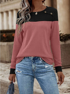 Contrast Buttoned Round Neck Long Sleeve T-Shirt Moonlit Mauve