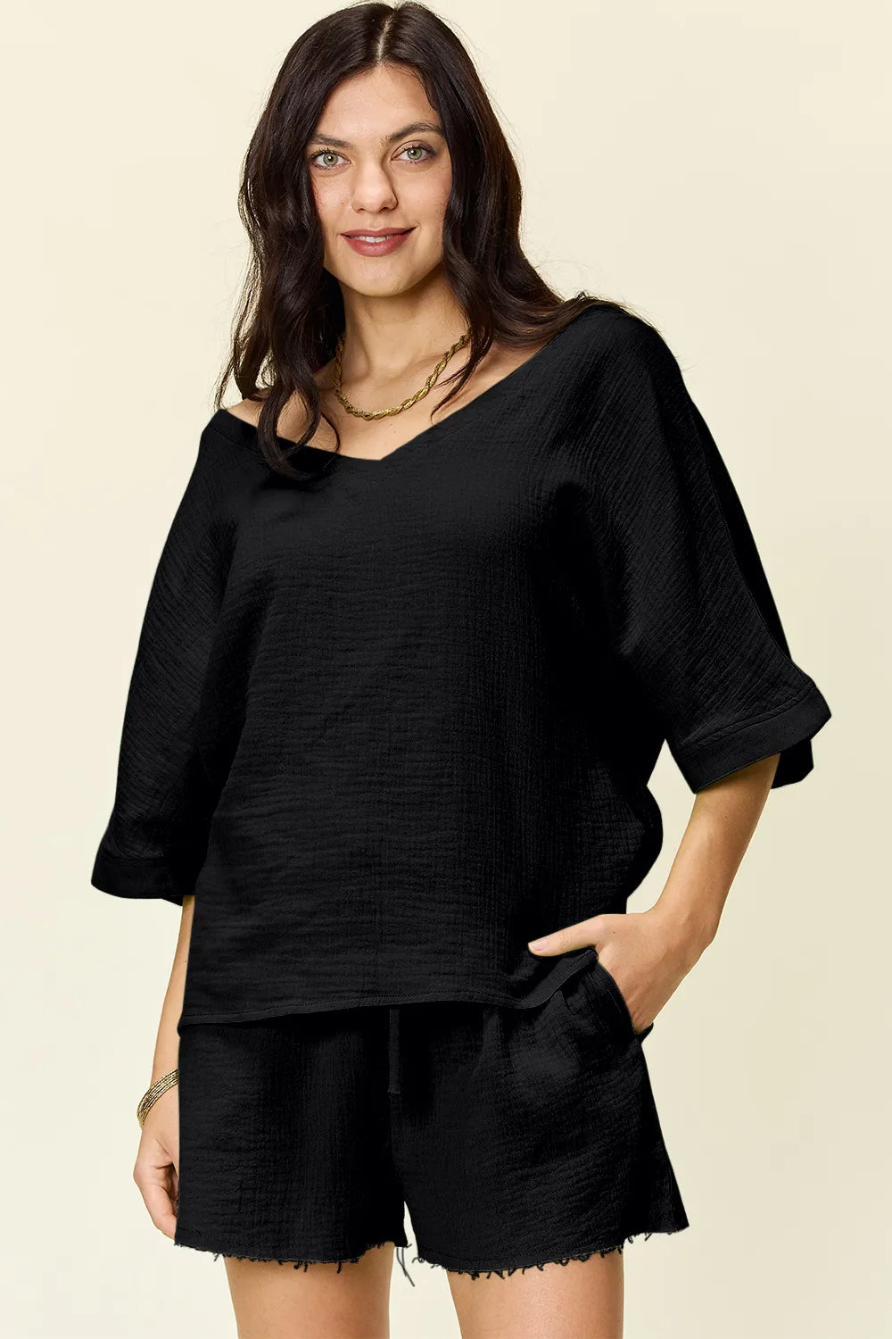 Double Take Texture Half Sleeve T-Shirt and Drawstring Shorts Set Black