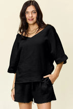 Double Take Texture Half Sleeve T-Shirt and Drawstring Shorts Set Black