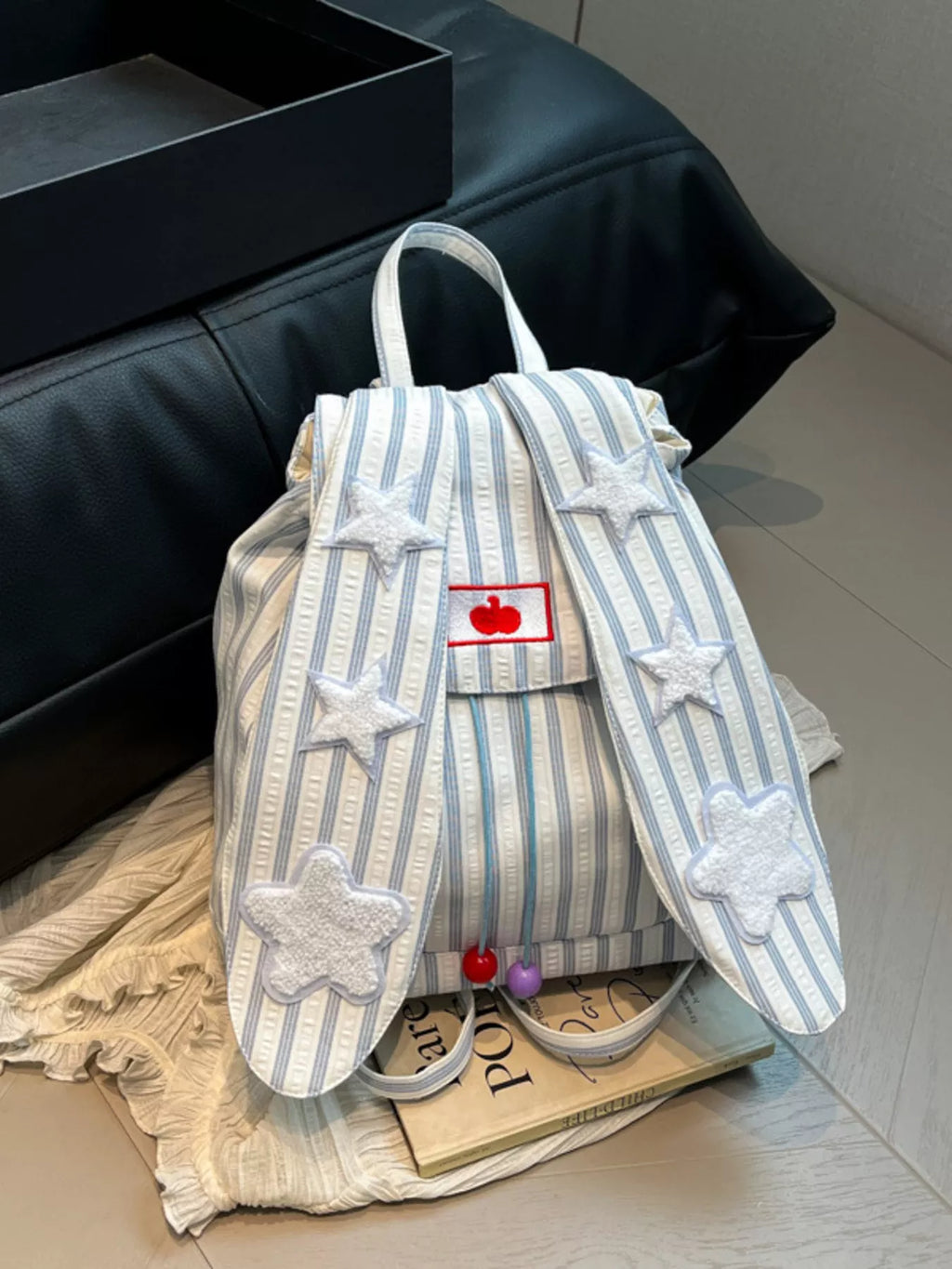 Striped Star Bunny Ear Backpack Bag Blue One Size