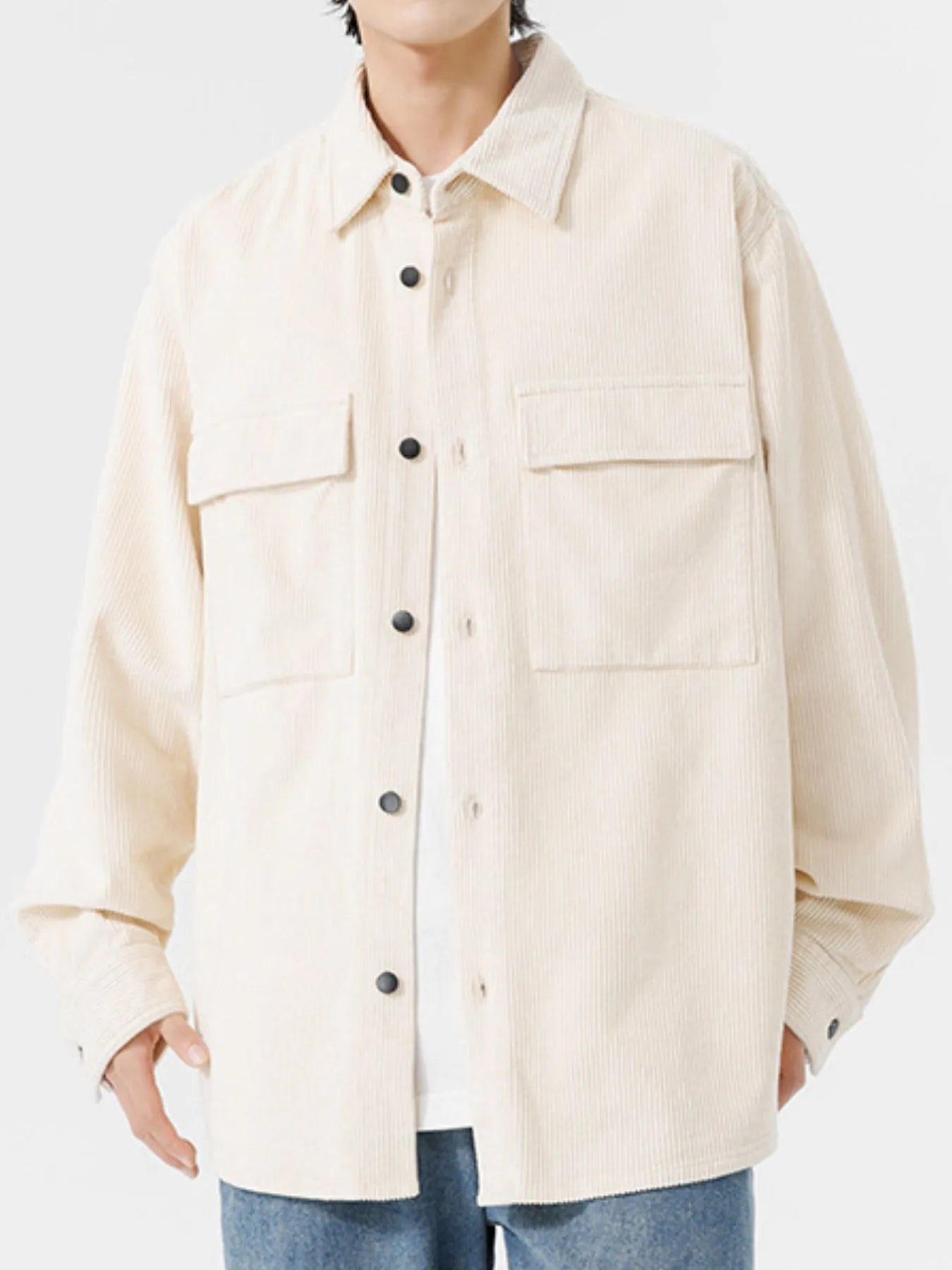 Men's Plus Size Oversized Button Up Corduroy Shirt Creamy-white