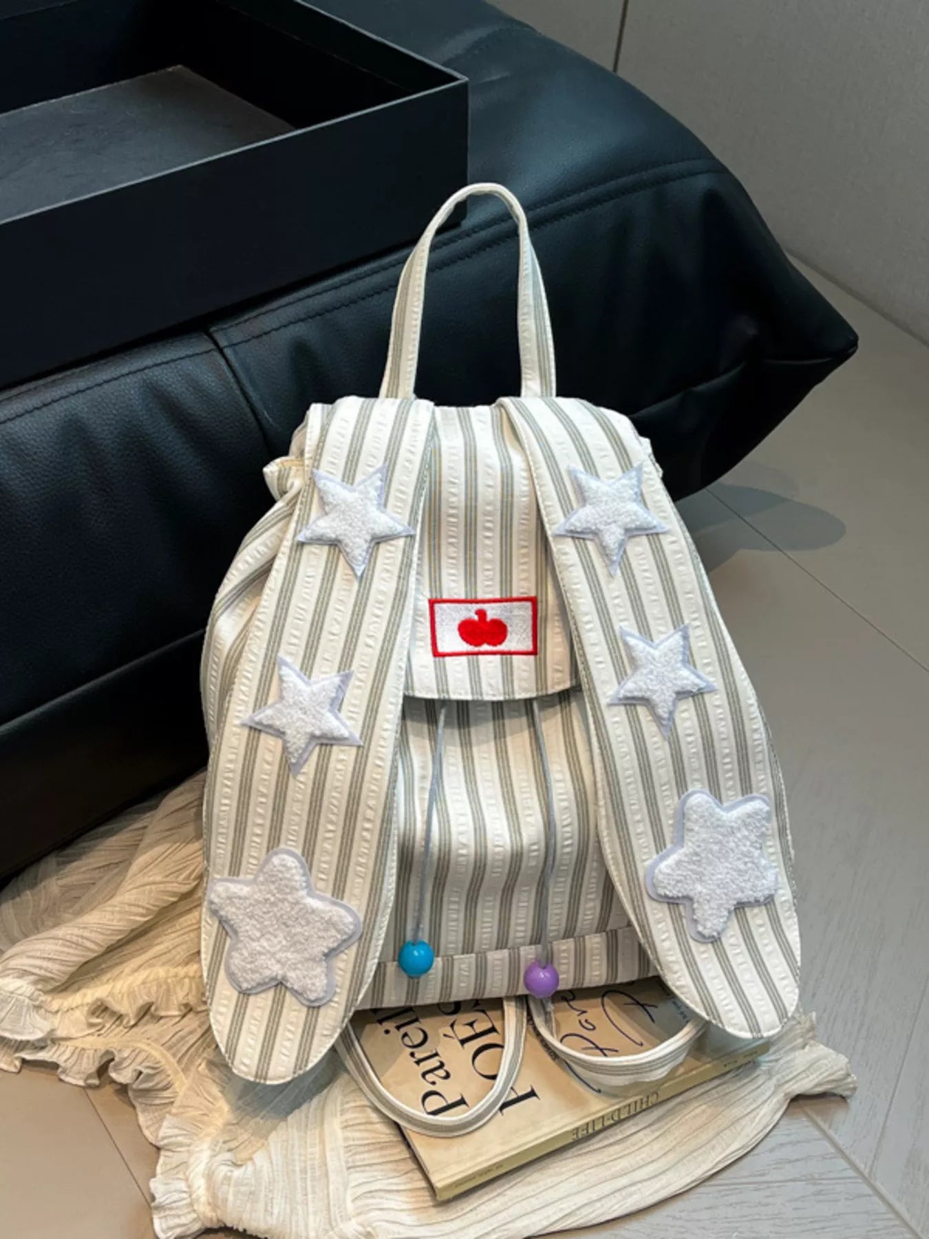 Striped Star Bunny Ear Backpack Bag Khaki One Size