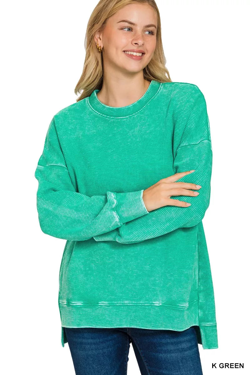 Zenana Full Size Acid Washed Double Ribbed Hi-low Sweatshirt Plus Size K GREEN