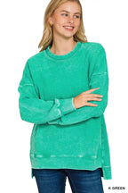 Zenana Full Size Acid Washed Double Ribbed Hi-low Sweatshirt Plus Size K GREEN