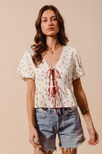 SO ME Ditsy Floral Print Gauze Tie-Front Blouse