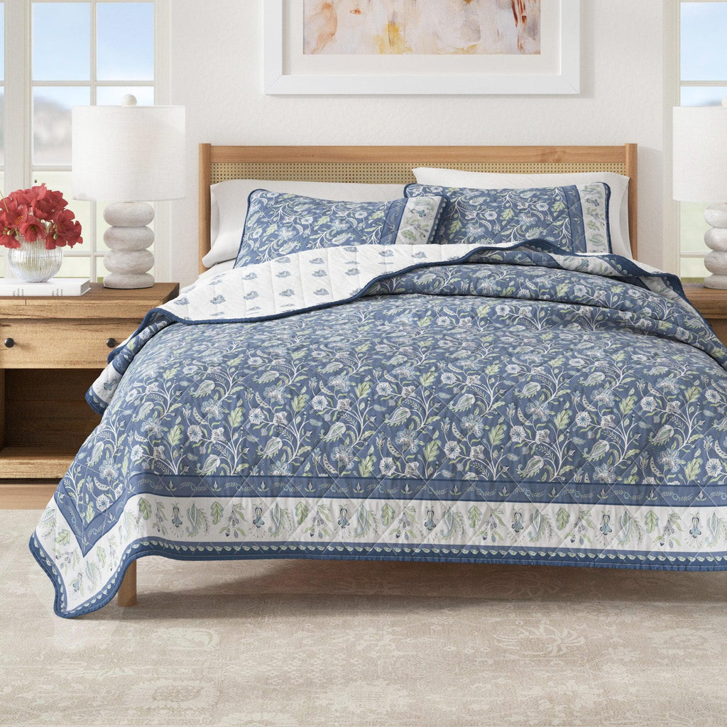 Floral Boho Printed Cotton Quilt Set - Indira Collection Regal Garden - Blue