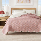 Floral Print & Scallopeded Edge Cotton Quilt Set - Sandie Collection Spring Petals Peach