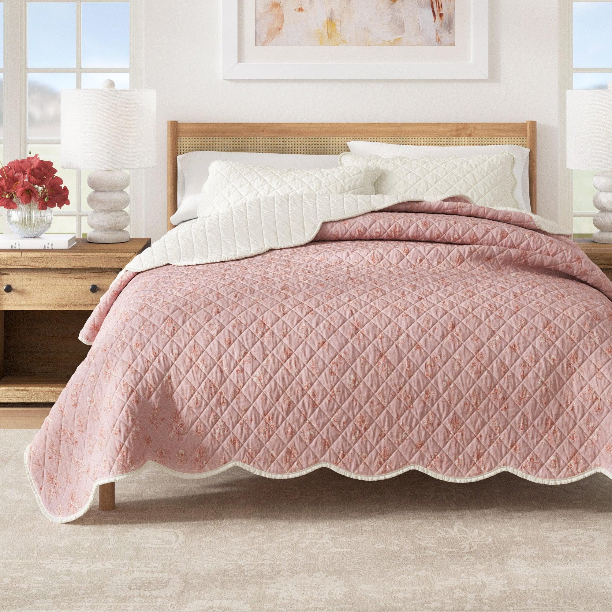 Floral Print & Scallopeded Edge Cotton Quilt Set - Sandie Collection Spring Petals Peach