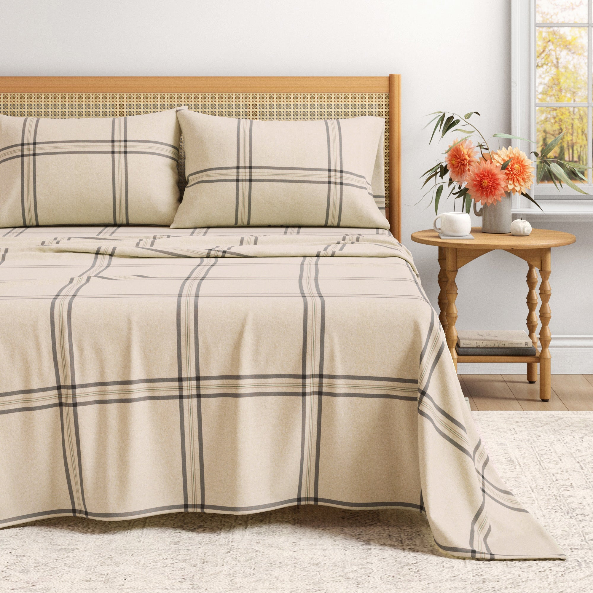 Turkish Cotton Flannel Sheet Set - Plaid & Stripe Collection Wide Plaid Blue & Tan