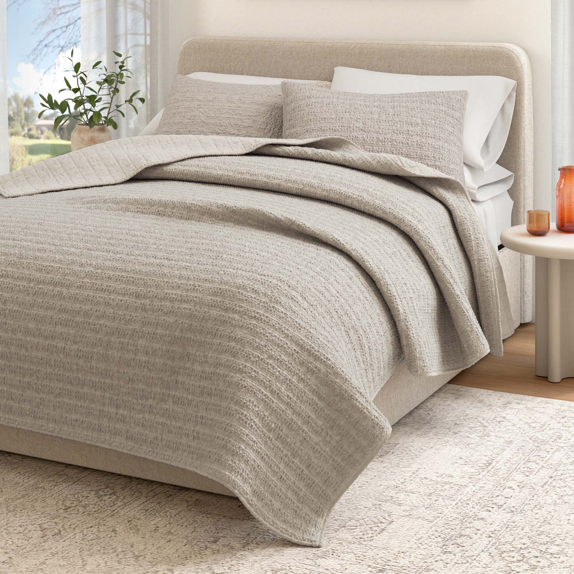 100% Cotton Honeycomb Waffle Garment Washed Quilt Set - Genevieve Collection Cappuccino